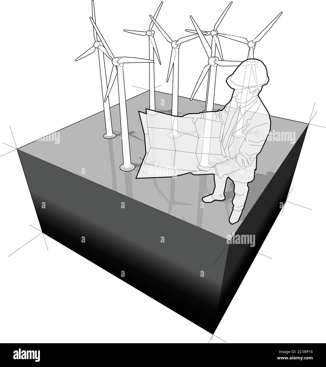 Diagramma di un'azienda agricola con turbina eolica con un piano di progettazione di architetto o ingegnere Illustrazione Vettoriale