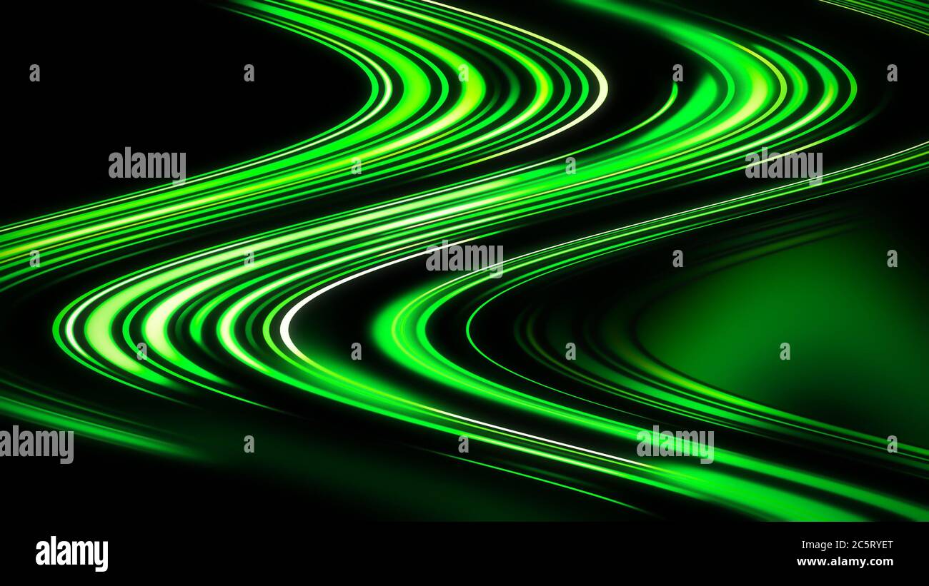 Tecnologia futura. Sfocatura magica e brillante che muove la linea d'onda verde veloce. Strisce di effetto luce sullo sfondo. Foto Stock