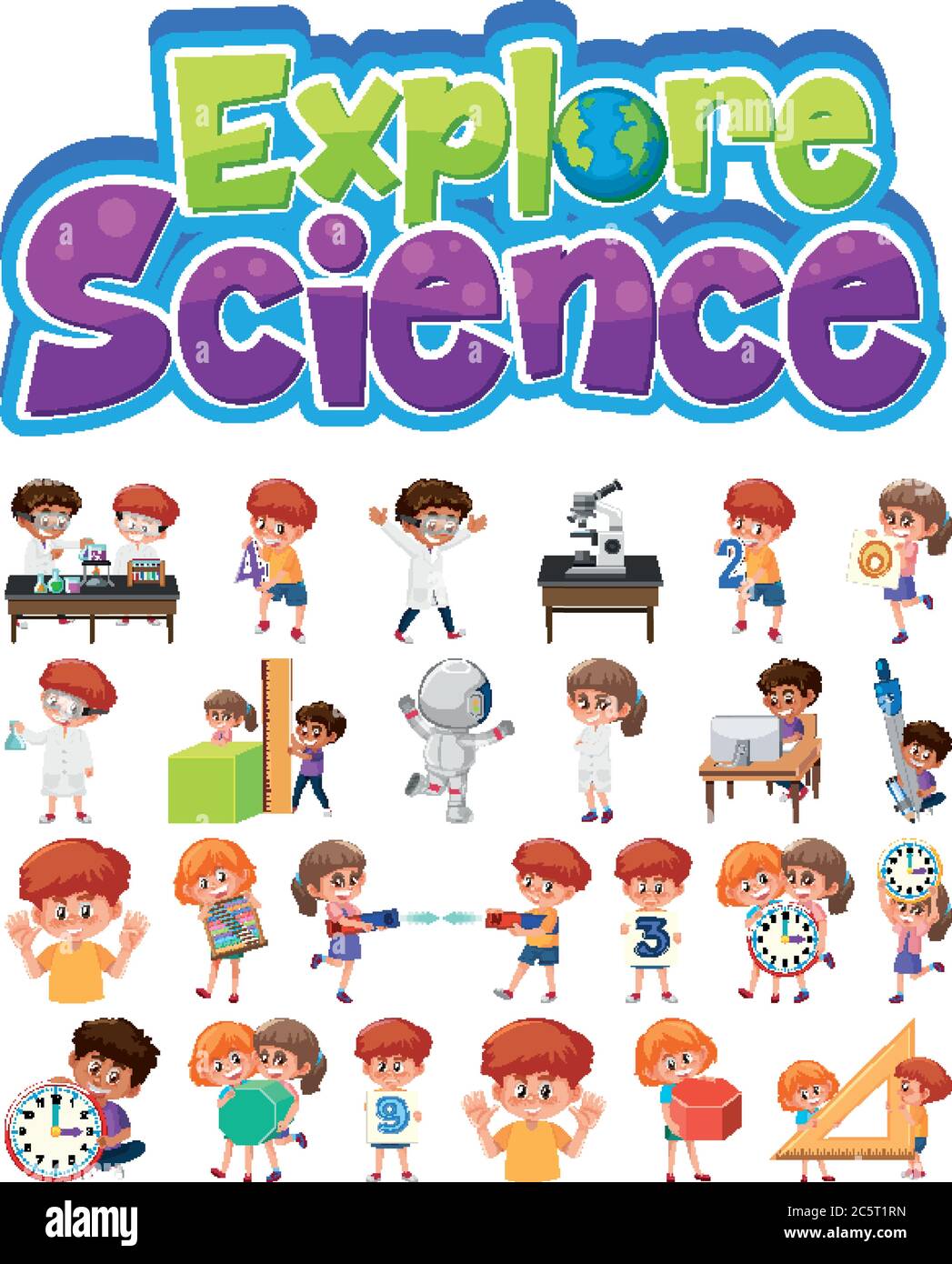 Esplora il logo della scienza e il set di bambini con oggetti didattici illustrazione isolata Illustrazione Vettoriale