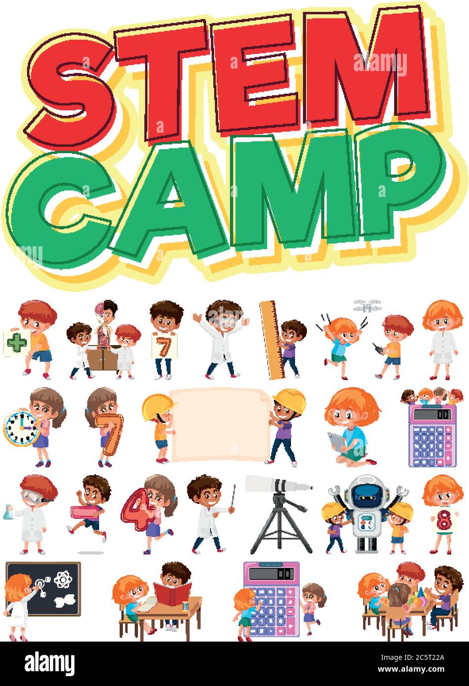 Logo del campo di poppa e set di bambini con oggetti didattici illustrazione isolata Illustrazione Vettoriale