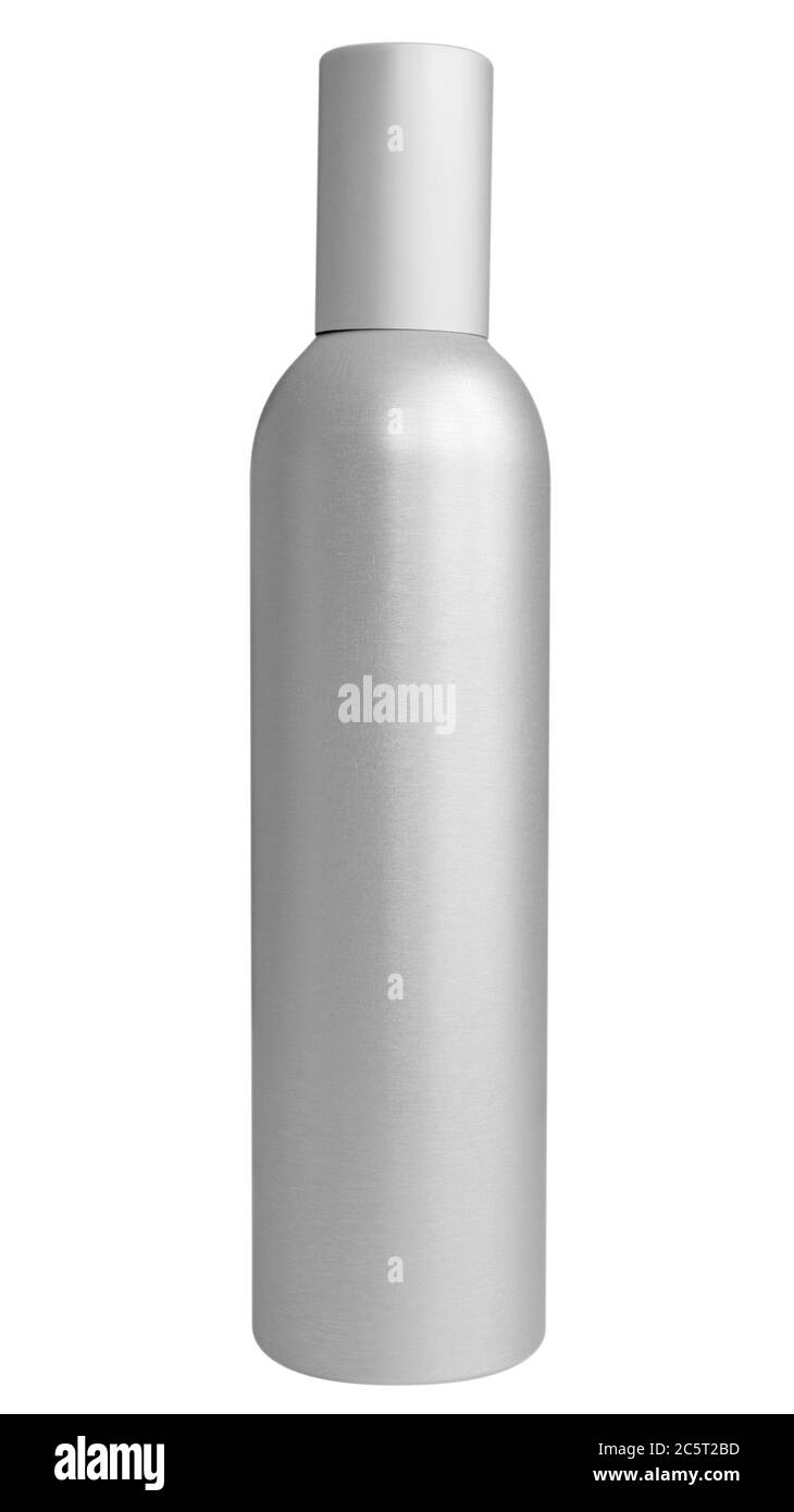 Flacone spray bianco in alluminio isolato su bianco. Tracciato di ritaglio incluso. Foto Stock