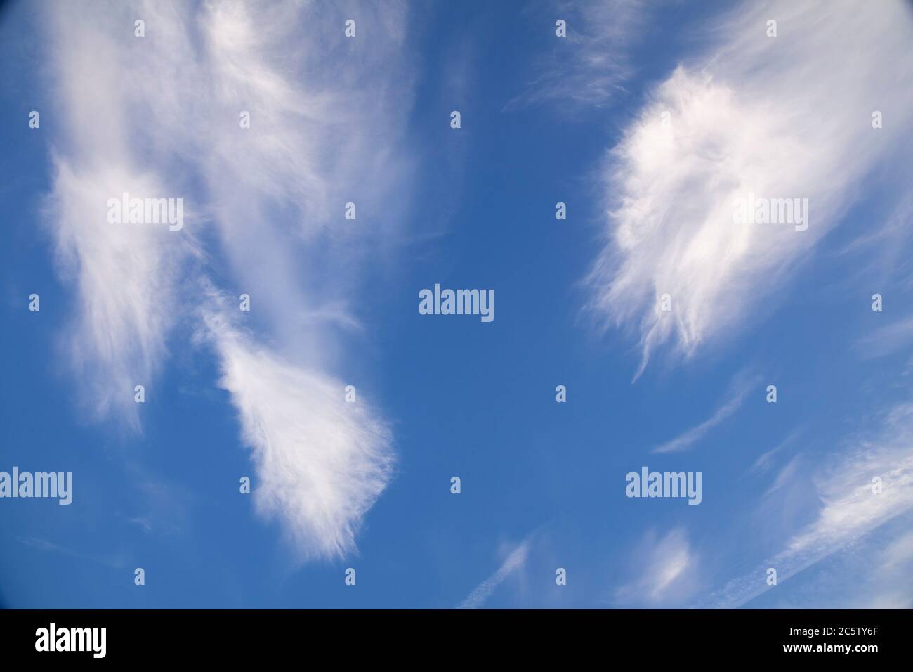 Alta altitudine cirrus nuvole contro un cielo blu Foto Stock