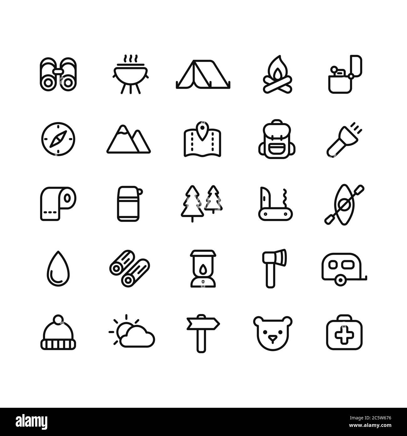 Set di icone Camping. Semplici icone di linee vettoriali di escursioni, backpacking e gli spazi aperti. Illustrazione Vettoriale
