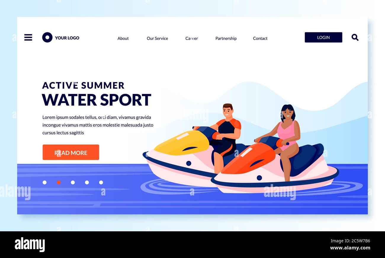 Giovane coppia su moto d'acqua. Illustrazione dei personaggi vettoriali a fumetti piatti. Attività estive all'aperto e sport estremi. Uomo e donna cavalcano Illustrazione Vettoriale