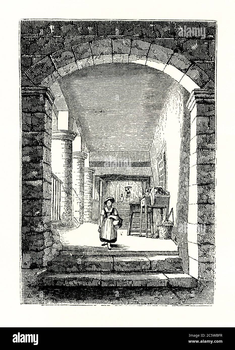 Una vecchia incisione che mostra le file di Chester nel Medioevo. Le file, che si trovano in ciascuna delle quattro strade principali della città di Chester, Cheshire, Inghilterra, Regno Unito sono uniche. Si tratta di passaggi coperti al primo piano, con ingressi a negozi e altri locali. A livello della strada c'è un altro passaggio pedonale e ingressi. Foto Stock