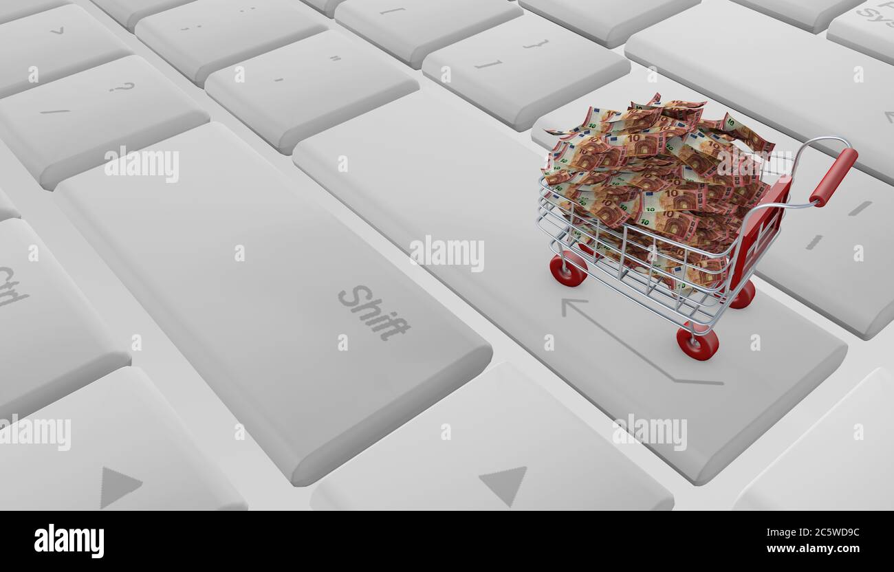 Carrello su un laptop inserire segno pieno di soldi euro 3d rendering tastiera bianca Foto Stock