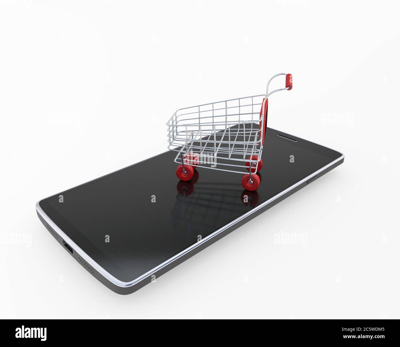 Shopping tramite il concetto di telefonia mobile rendering 3d isolato su bianco Foto Stock