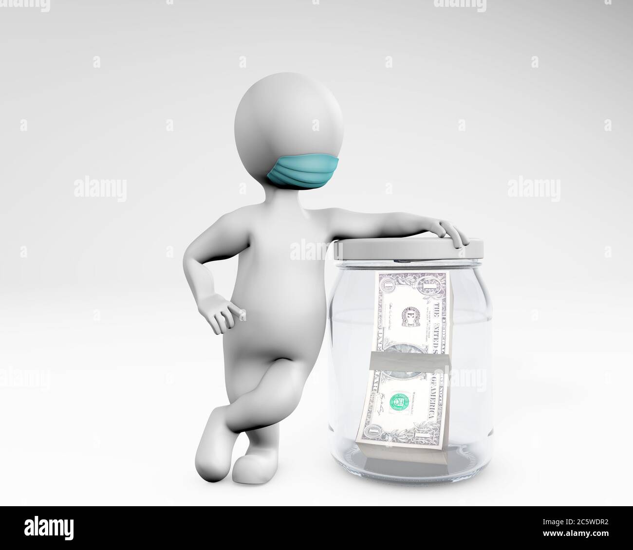 Uomo grasso con una maschera che consente di risparmiare denaro in un vaso 3d rendering isolato su bianco Foto Stock