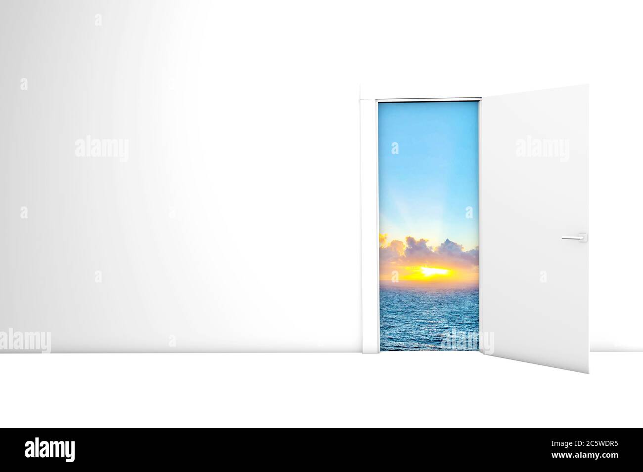 Hope Concept luce e mare e sole visti attraverso il rendering 3d di Aopened Door Foto Stock