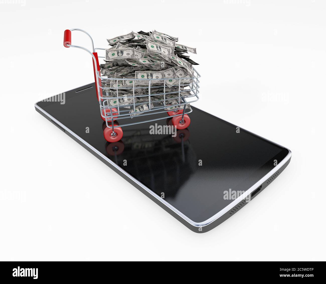 Carrello acquisti su un telefono cellulare pieno di soldi 3d rendering isolato su bianco Foto Stock