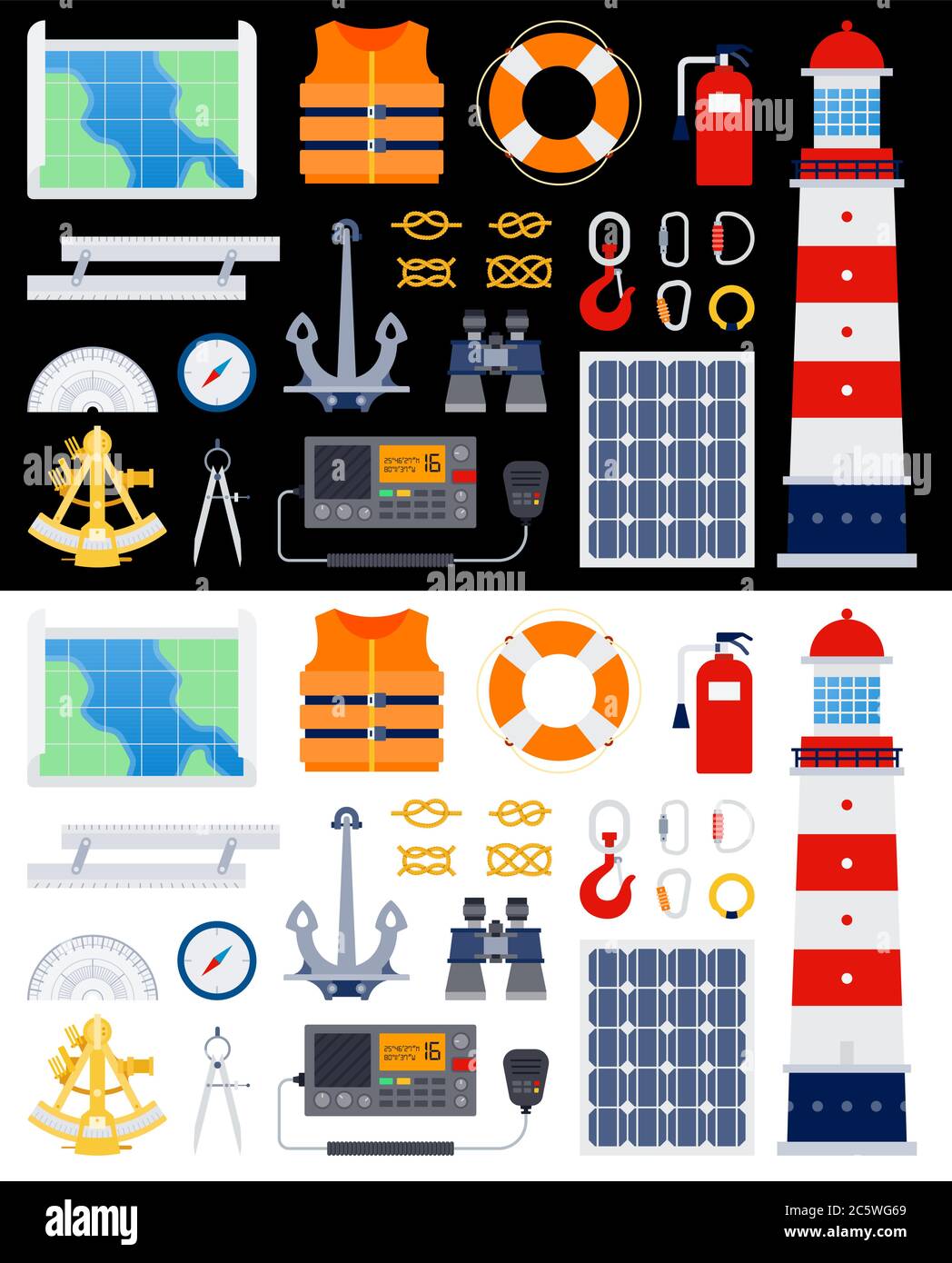 Attrezzatura per la navigazione a vela. Faro, ancora, binocolo, salvagente, giubbotto, gancio, nodi, carbini, bussola, mappa, protettore. Vettore piatto Illustrazione Vettoriale
