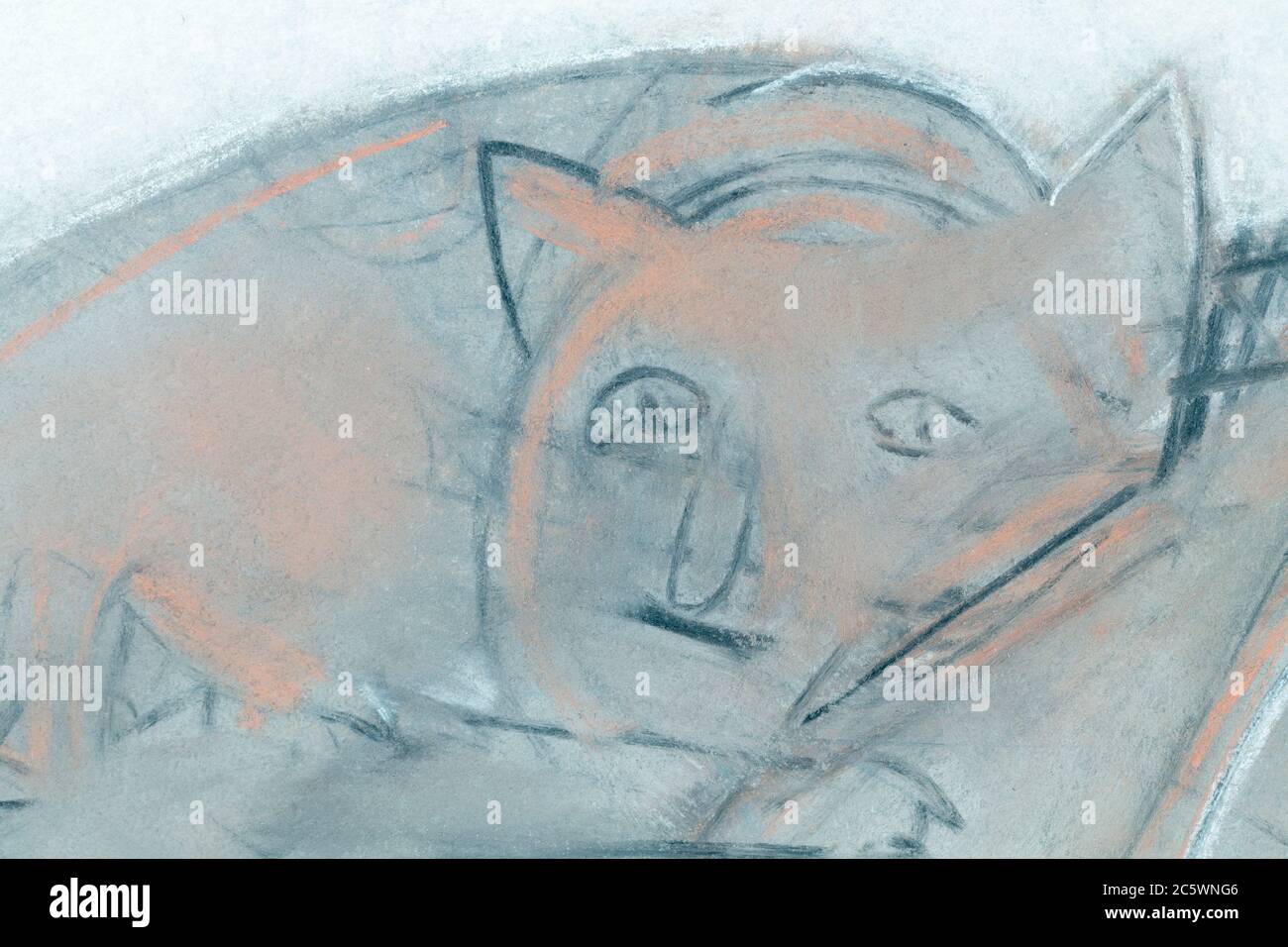 Frammento di un'immagine. Gatto disegnato sulla carta coperta della salsa. Foto Stock