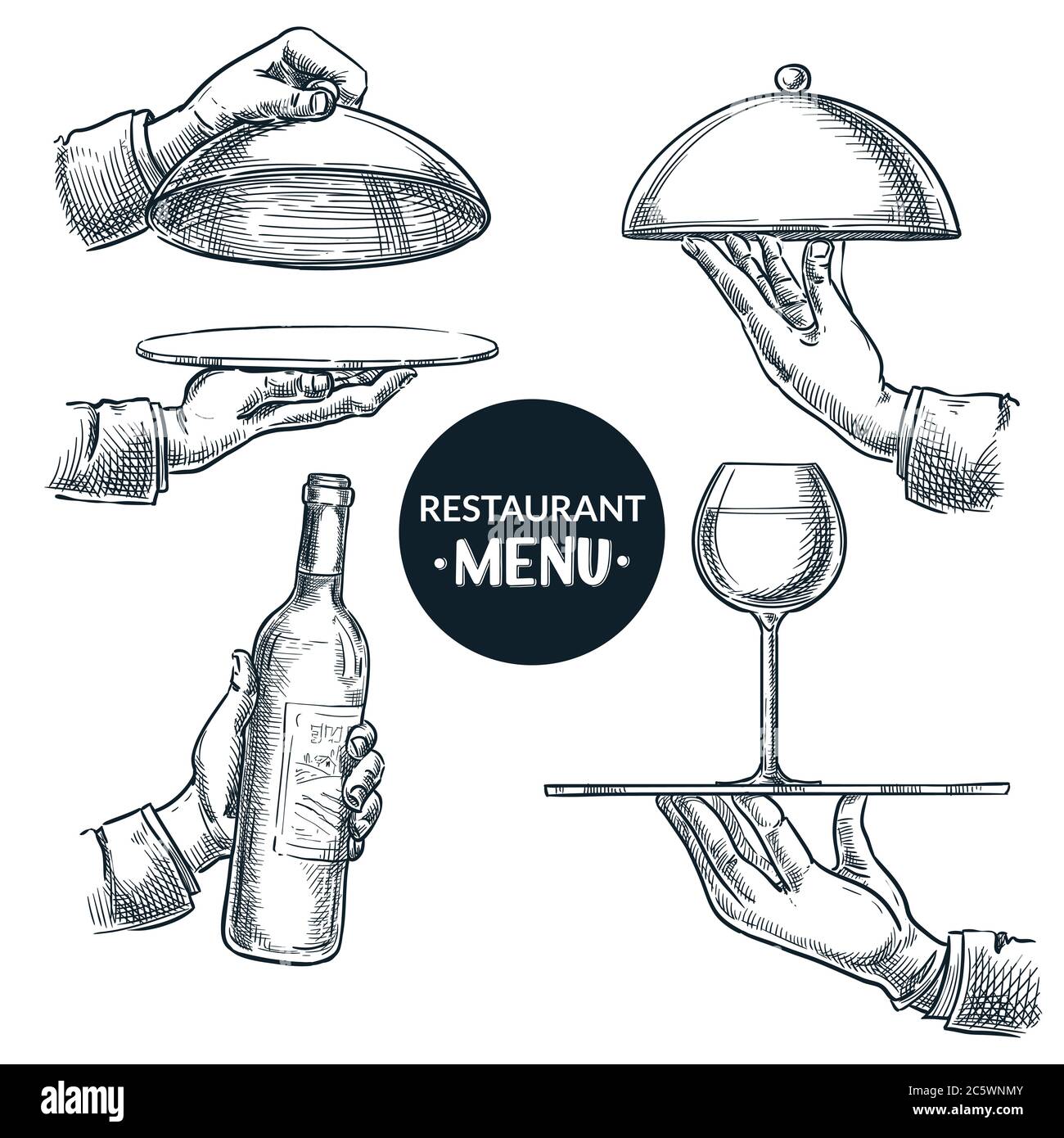 I camerieri tengono le mani per aprire e chiudere i vassoi. Illustrazione dello schizzo disegnata a mano dal vettore, isolata su sfondo bianco. Bottiglia di vino, bicchiere servito sul vassoio R. Illustrazione Vettoriale