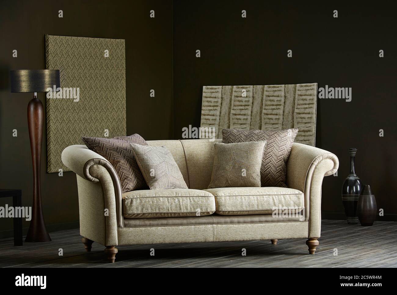 Primo piano di cuscini su un comodo divano nel soggiorno Foto Stock