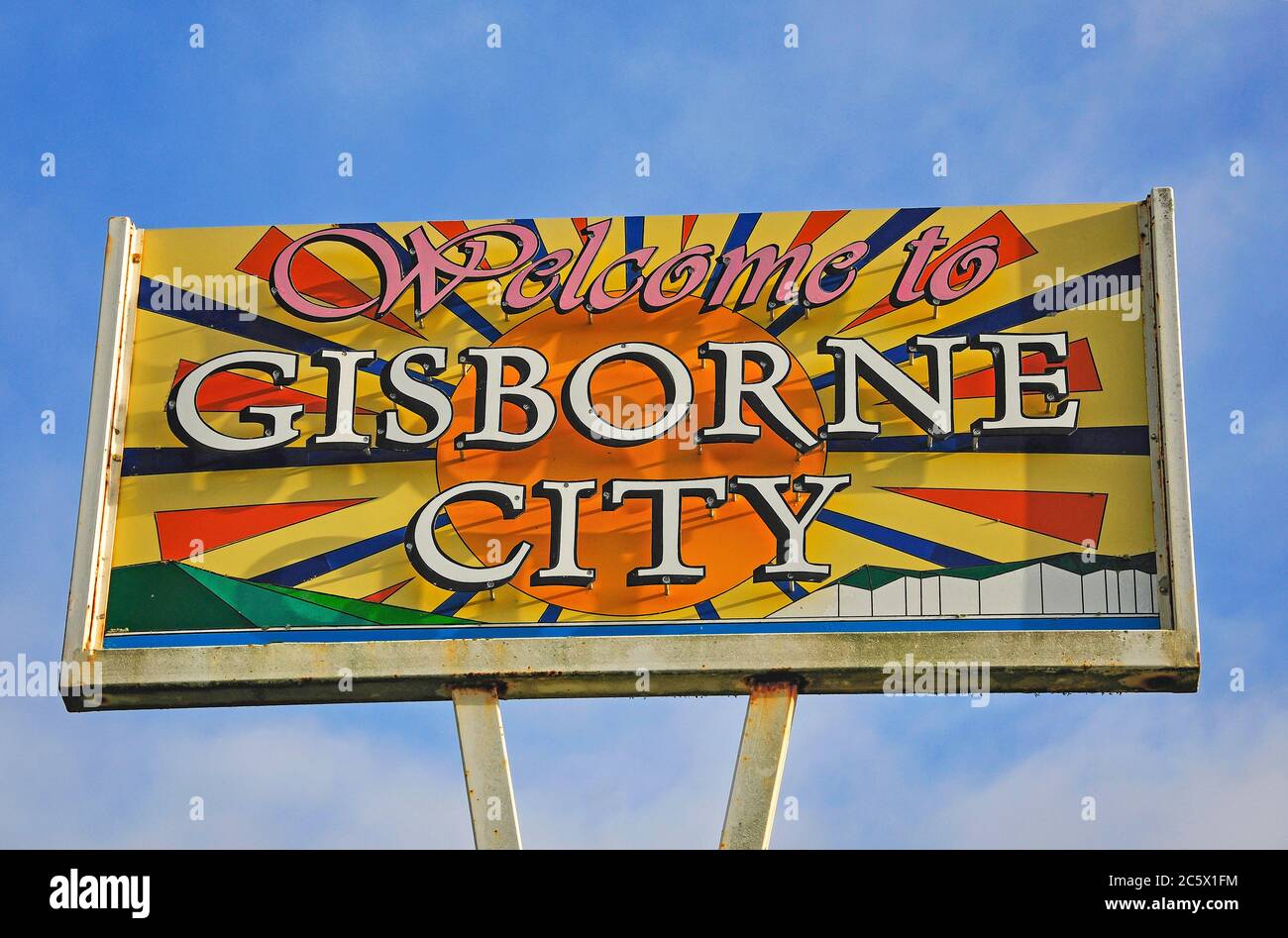 Cartello "Benvenuti a Gisborne City", Gisborne, Regione di Gisborne, Isola del Nord, Nuova Zelanda Foto Stock