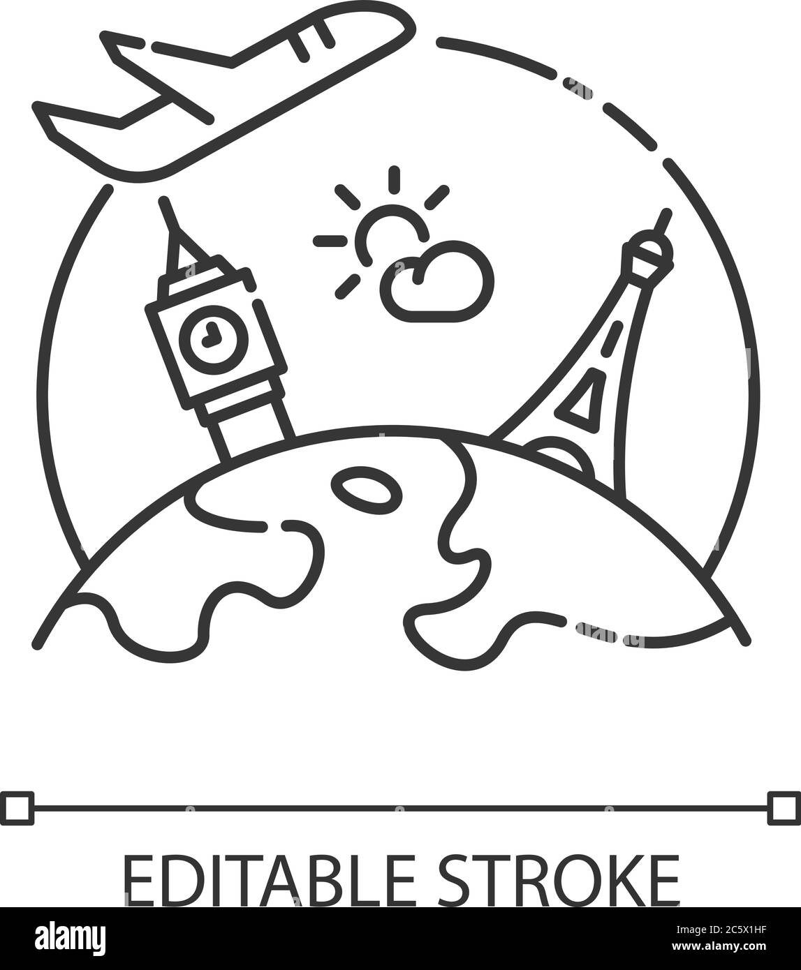 Icona lineare perfetta pixel turismo internazionale Illustrazione Vettoriale