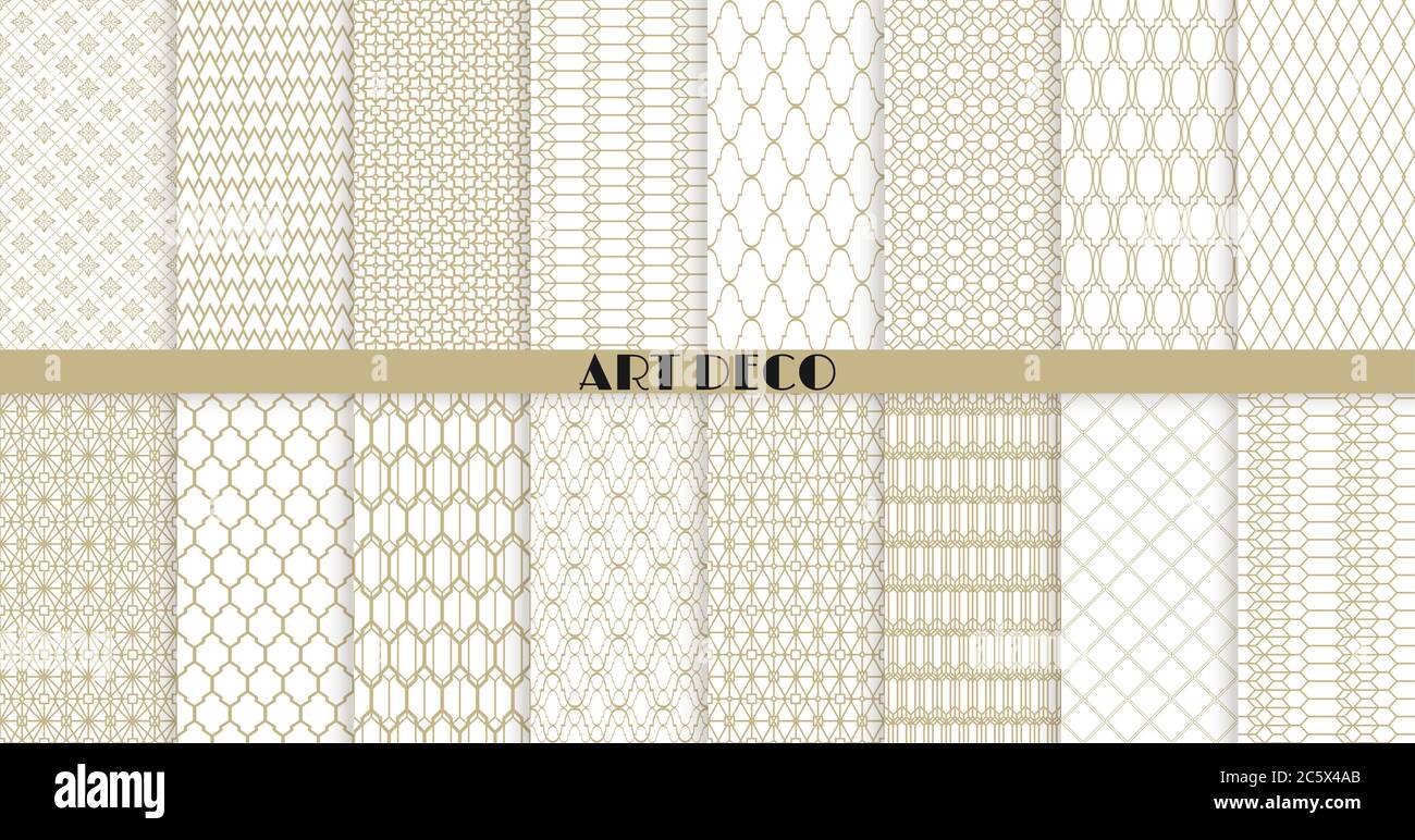 Collezione di motivi vettoriali Art Deco senza giunture. Set di 16 motivi ornamentali geometrici in oro. Design moderno per Wallpaper, tessuto, Sito web background Illustrazione Vettoriale