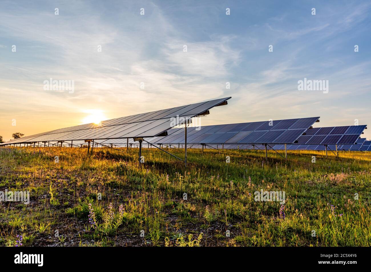 centrale fotovoltaica montata a terra al tramonto Foto Stock