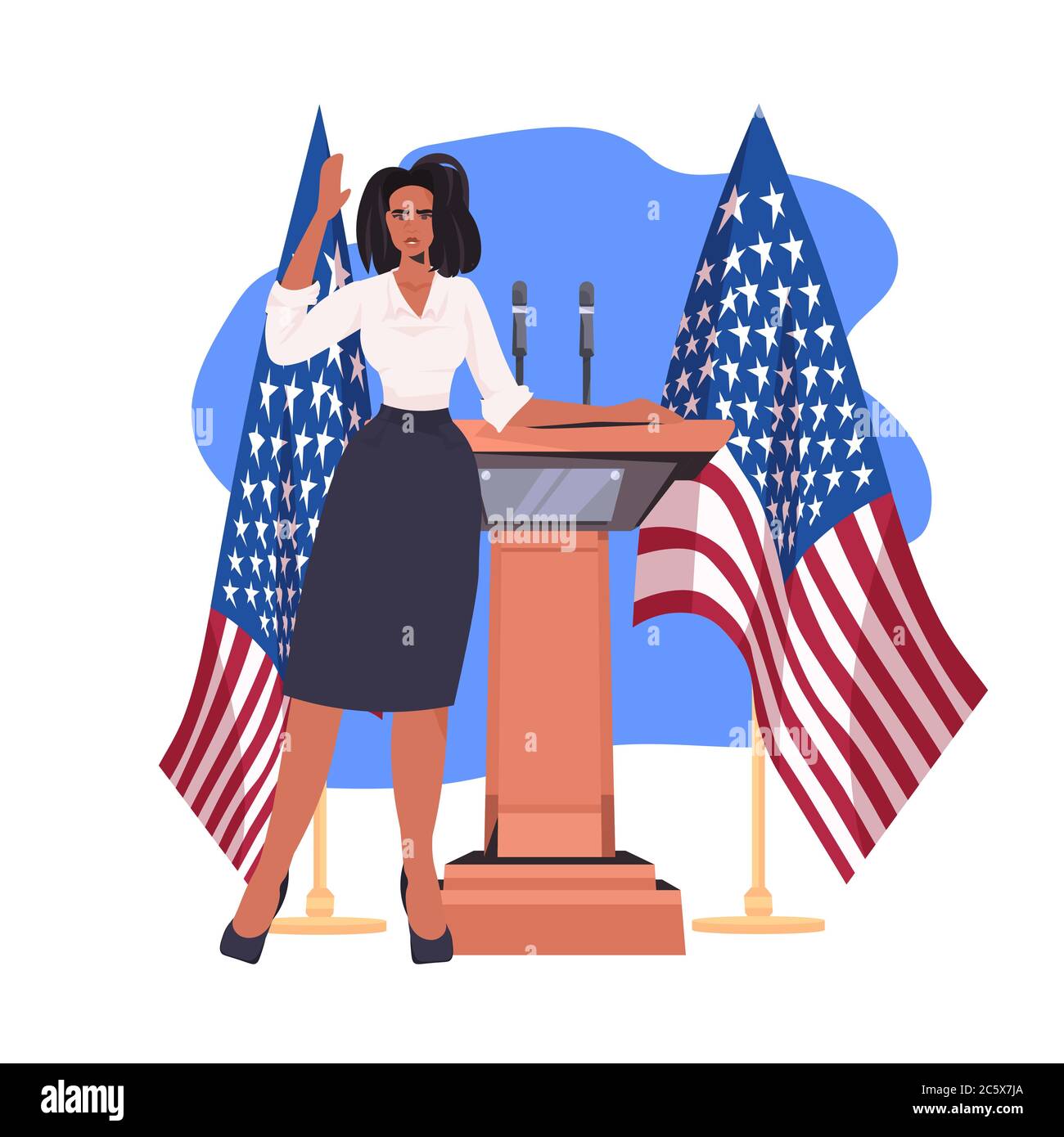 donna politico che fa discorso da tribune con bandiera degli stati uniti 4 luglio americano giorno di indipendenza celebrazione concetto piena lunghezza vettore illustrazione Illustrazione Vettoriale