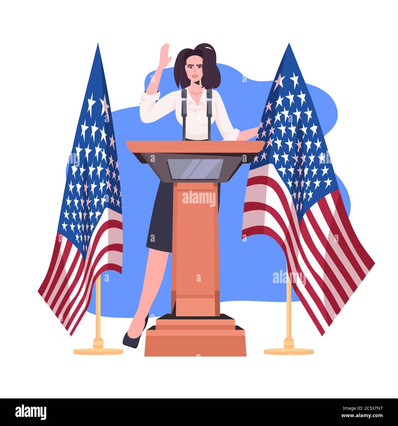 donna politico che fa discorso da tribune con bandiera degli stati uniti 4 luglio americano giorno di indipendenza celebrazione concetto piena lunghezza vettore illustrazione Illustrazione Vettoriale
