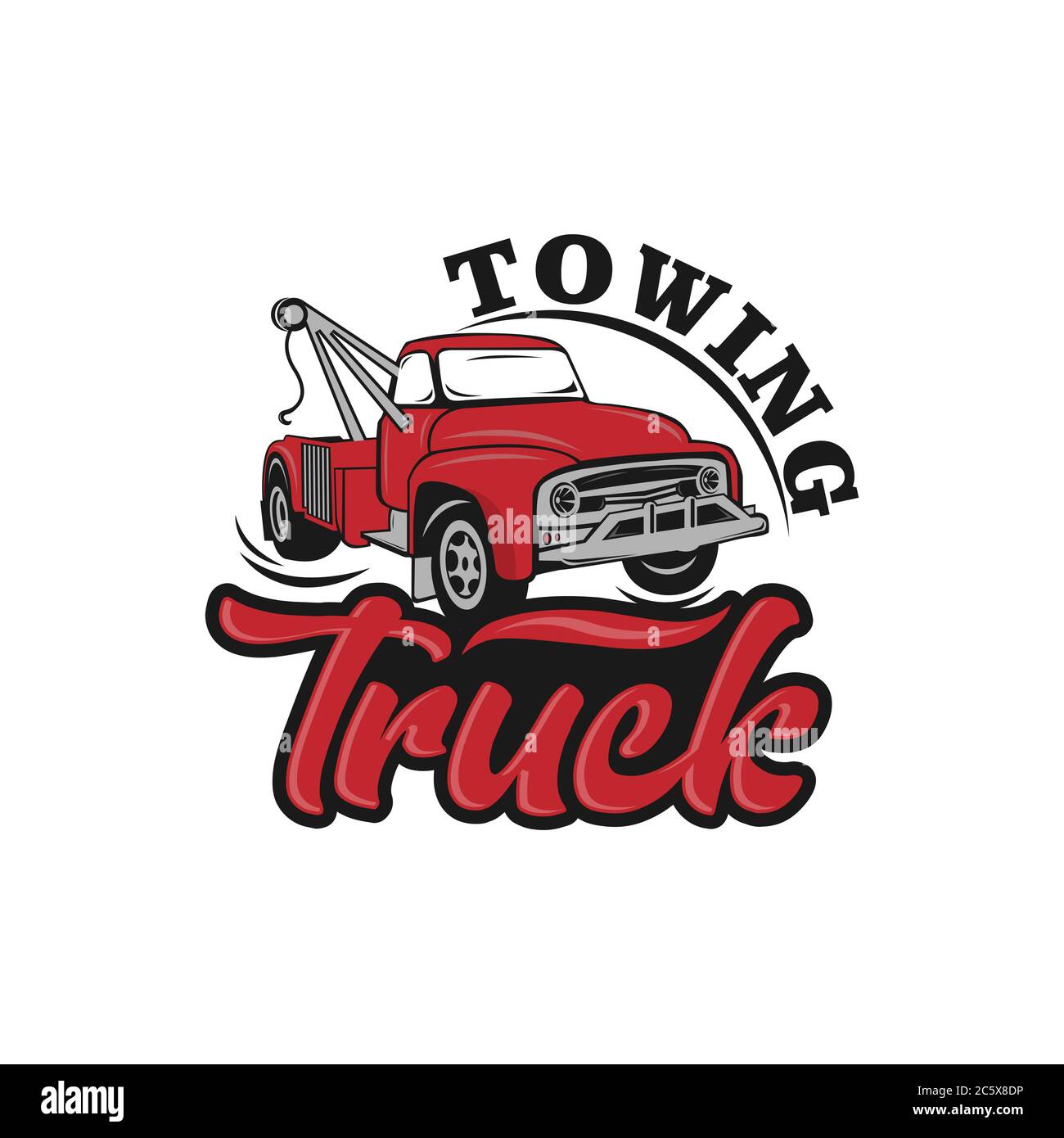 Fregio del carrello di traino. Icona relitto. 24 ore su 24 evacuazione delle auto. Il design può essere utilizzato come logo, poster, pubblicità, cartello. Elemento vettore di Illustrazione Vettoriale