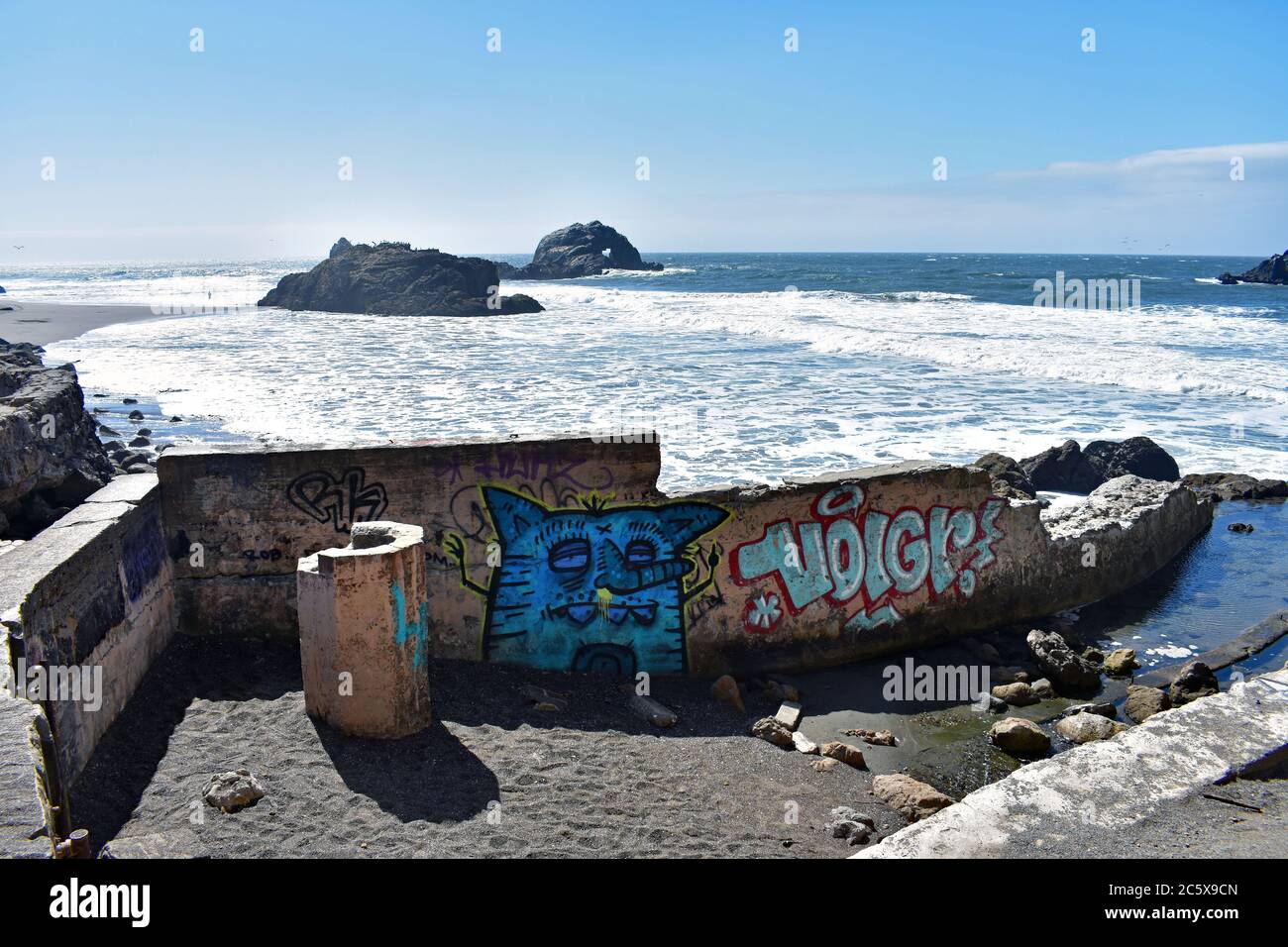 Le rovine di bagni Sutro a Lands End, San Francisco. L'Oceano Pacifico, le rocce delle foche e il cielo blu. Graffiti blu di un gatto come una creatura con un naso lungo. Foto Stock