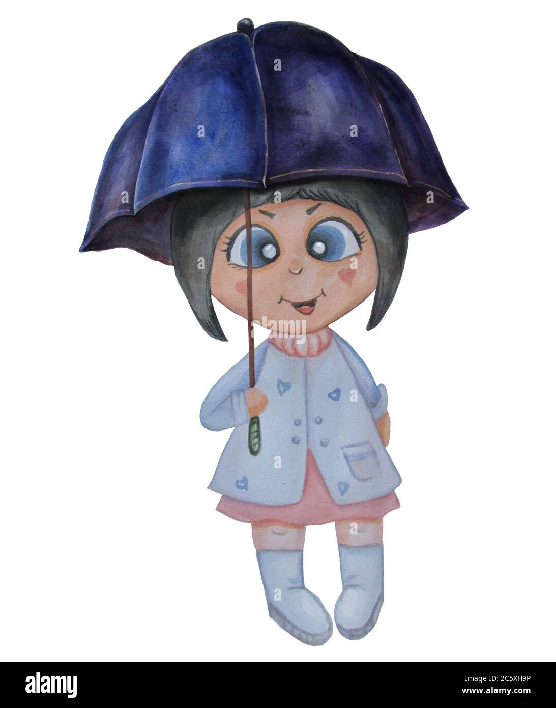Acquerello bambini simpatico illustrazione. Una ragazza in un cappotto blu  si trova sotto un ombrello blu. Vernici per disegno a mano. Carino  carattere infantile Foto stock - Alamy