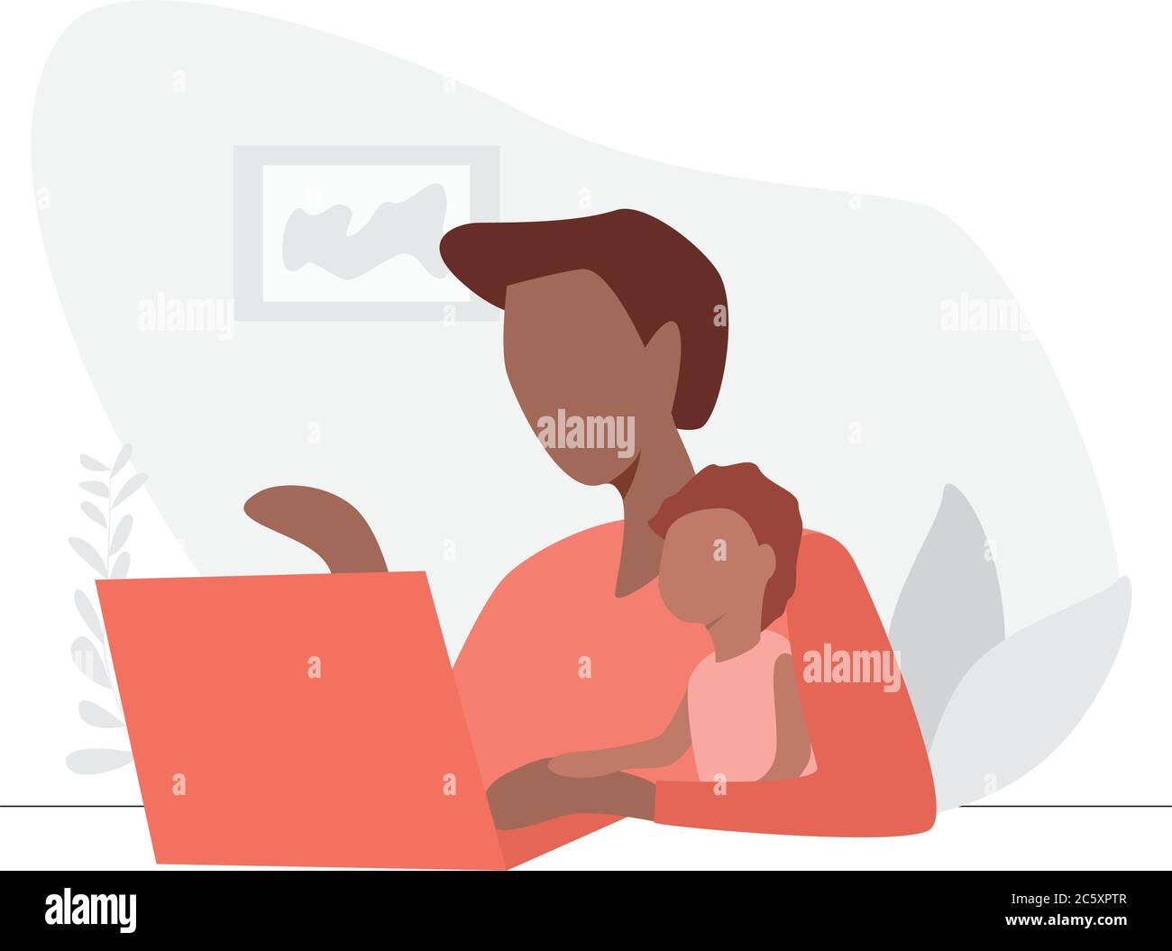 Donna che lavora con il suo bambino sul laptop a casa Illustrazione Vettoriale