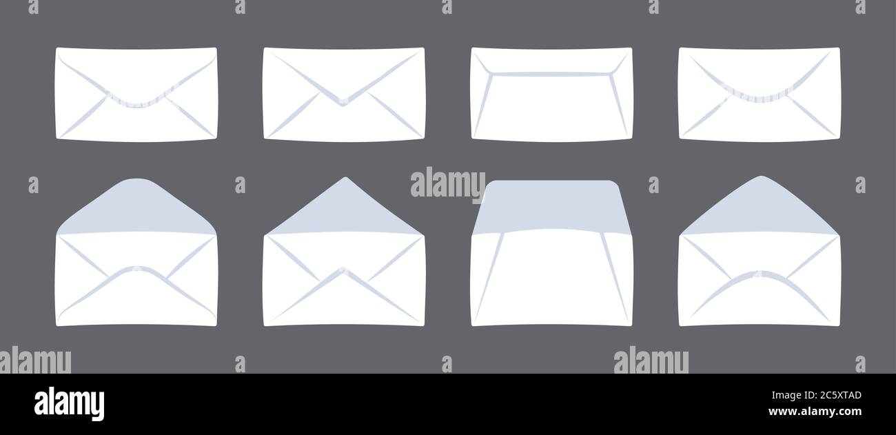 Set di buste per ufficio mockup. Coperchio della posta in carta aperto e chiuso. Buste per cartoni animati cartoni per lettere. Newsletter o consegna di corrispondenza, documenti. Illustrazione vettoriale isolata Illustrazione Vettoriale