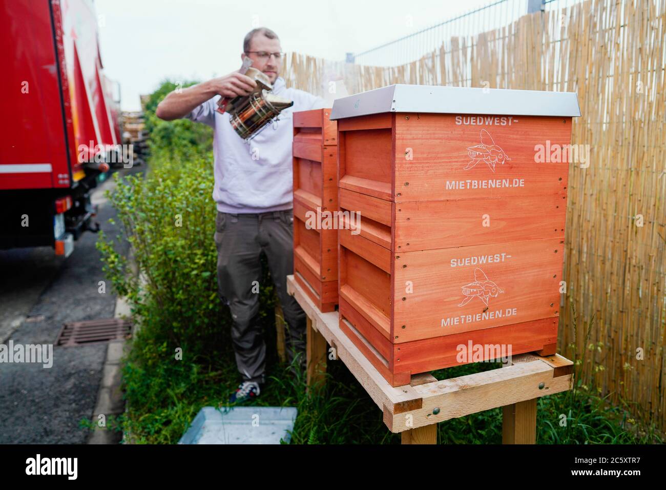 Heidelberg, Germania. 10 Giugno 2020. Jörg Staffel, fondatore della società 'üdwest Mietbienen', si trova a due alveari nei locali di un'agenzia di spedizione. Jörg Staffel può affittare 35 colonie di api e curarle al inquilino. (A dpa: 'Le api da noleggio che lavorano duramente volano per l'immagine e l'ambiente') Credit: Uwe Anspach/dpa/Alamy Live News Foto Stock