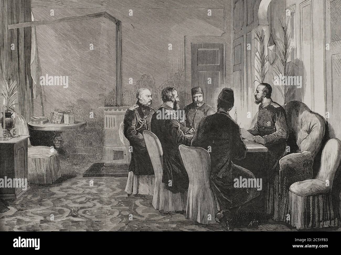 Guerra ruso-turca (1877-1878), llamadaa'Guerra de Oriente'. Rusia quería conseguir accesso al Mar Mediterráneo y liberar a los pueblos eslavos de la Península Balcánica bajo control otomano. Adrianópolis. Conferencia para pactar el armiscizio y los preliminares de la paz, celebrada el 31 de enero de 1878. El General Nepokajtchitsky (al fondo, izquierda), el General Nelidow (sentado, izquierda), Server Pachá (al fondo, de frente), Namyk Pachá (de espaldas) y el Gran Duque Nicolás (derecha). Grabado por Rico. La Ilustración Española y americana, 1878. Foto Stock