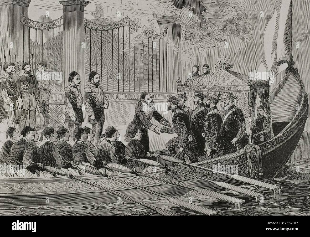 La Terra di Russo-turca (1877-1878), también llamada Guerra de Oriente. Los generales Ahmed Vefyk Pacha y Reouf Pacha reciben al Gran Duque Nicolás Nikolaevich de Rusia (1831-1891) en el Palacio de Dolma-Bagtche, el 26 de marzo de 1878, para asistir a la primera entrevista con el sultán de Turquía Abdul-Hamid II (1842-1918). Grabado por Rico. La Ilustración Española y americana, 1878. Foto Stock