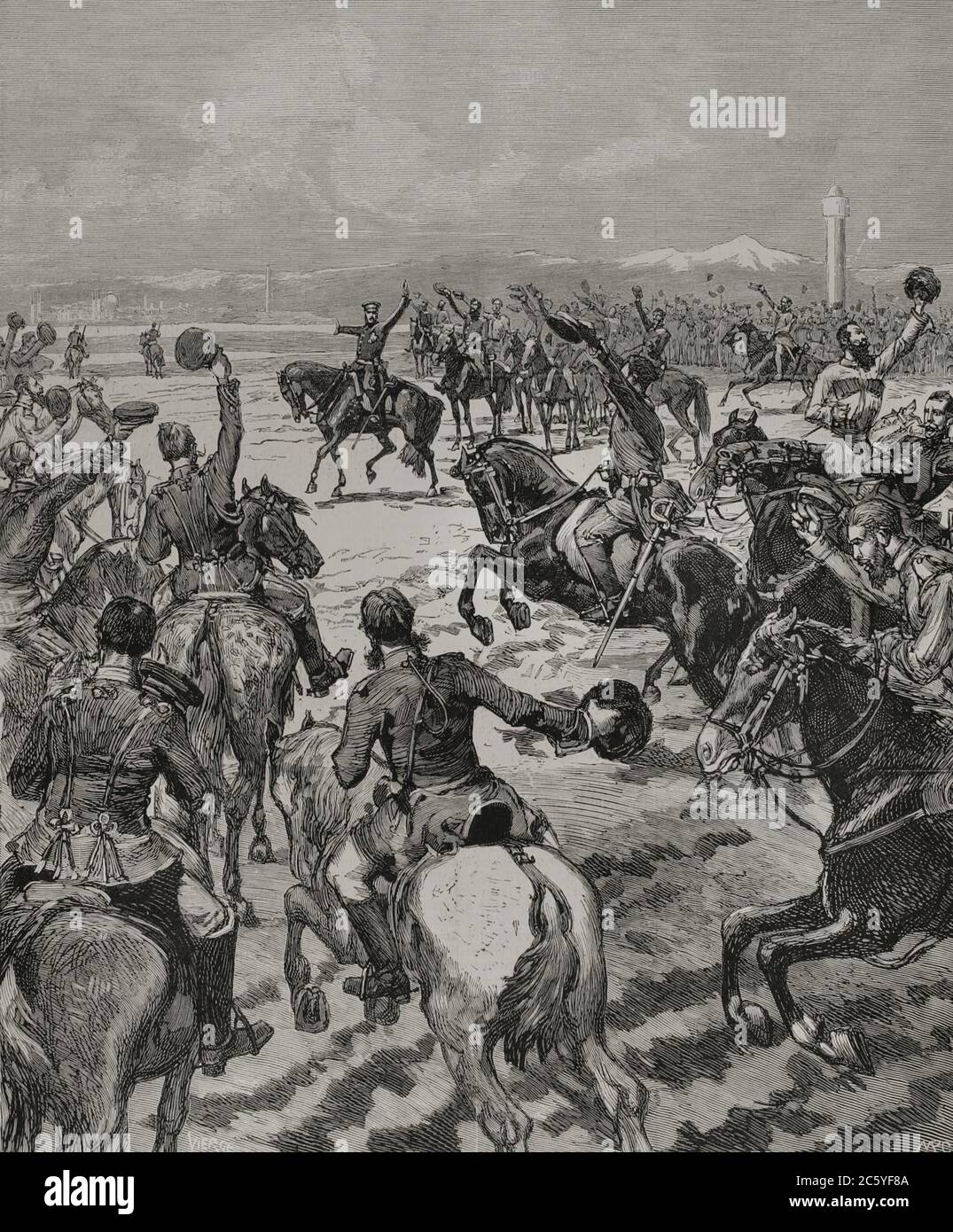 Serra ruso-turca (1877-1878). También llamada Guerra de Oriente. La Paz en Oriente. El Gran Duque Nicolás Nikolaevich de Rusia (1831-1891) uncando a sus tropas que la paz ha sido firmada en San Stefano, el 3 de marzo de 1878. Ilustración por Vierge. Grado. La Ilustración Española y americana, 1878. Foto Stock