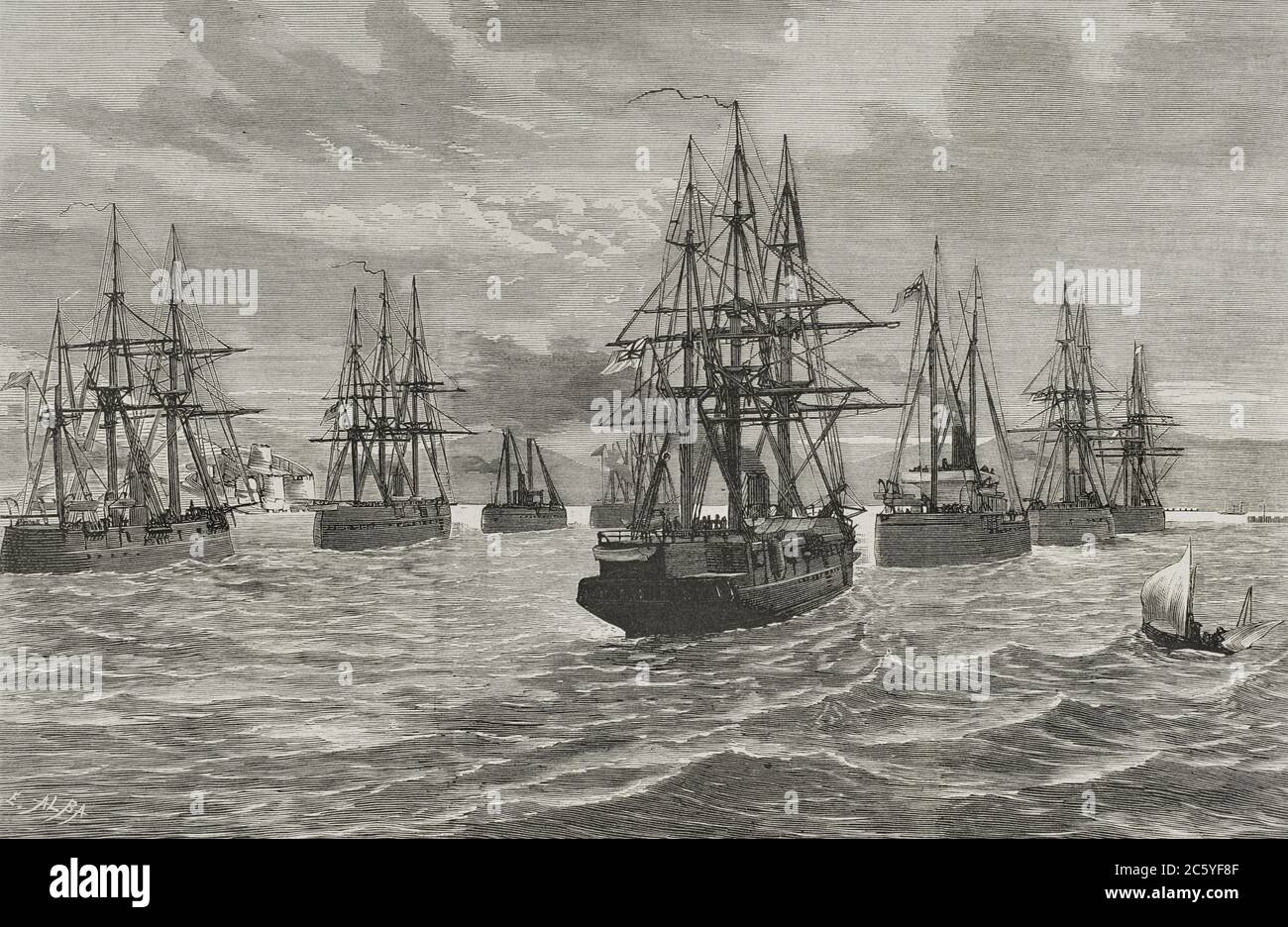 Serra ruso-turca (1877-1878). Sucesos de Oriente. El gobierno británico, al tener notoria de que los cuerpos de ejército ruso que mandaban los generales Skobeleff y Gurko se acercaban respectivamante a Constantinopla y Gallipoli, ordenó al vicealmirante Hornby, Jeff de la escuadra inglesa del Mediterráneo, anclada, la bahía de Bescuadra Que Franquease con sus buques el Estrecho de los Dardanelos. Entrada de la escuadra inglesa en el Estrecho de los Dardanelos, el 13 de febrero de 1878. Primera sección de la escuadra inglesa en aguas del estrecho. De izquierda a derecha: Swiftsure, Hotspur, AG Foto Stock