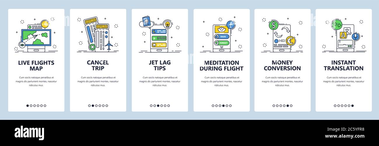 Modello vettoriale delle schermate di onboarding del sito Web di viaggi e dell'app mobile Illustrazione Vettoriale