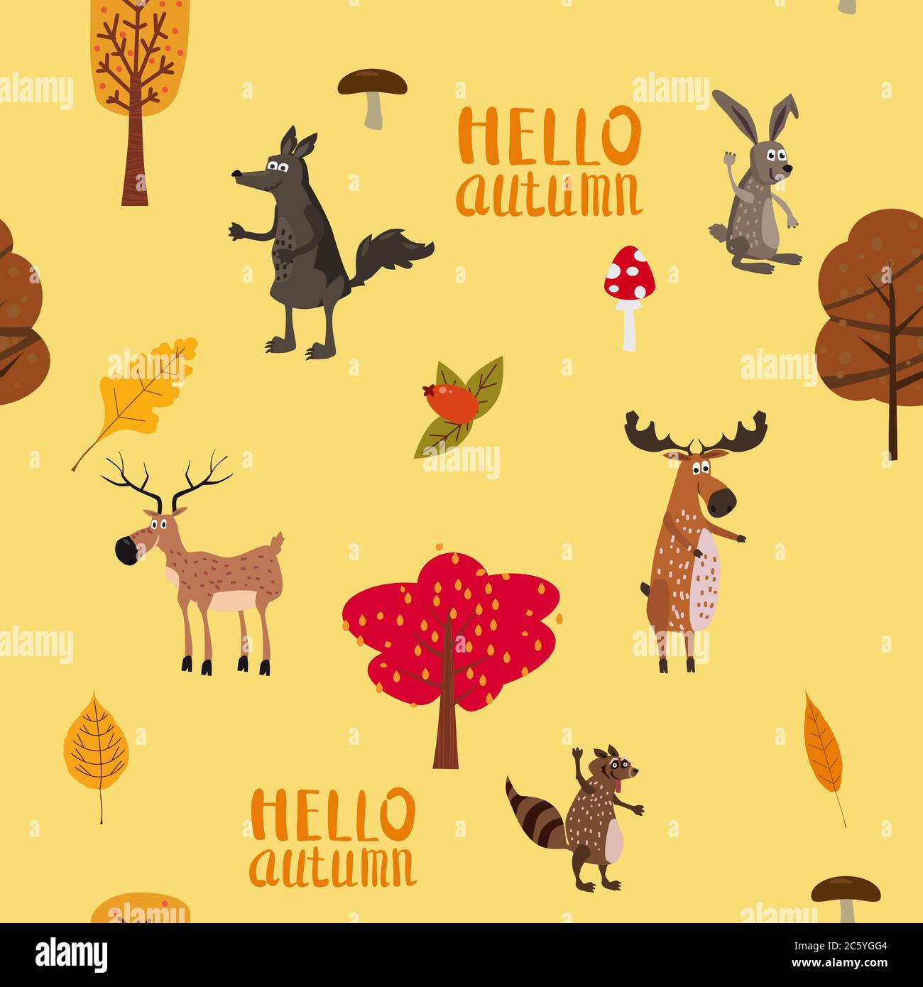 Autunno foresta cute animali senza giunture modello con foglie di alberi Illustrazione Vettoriale