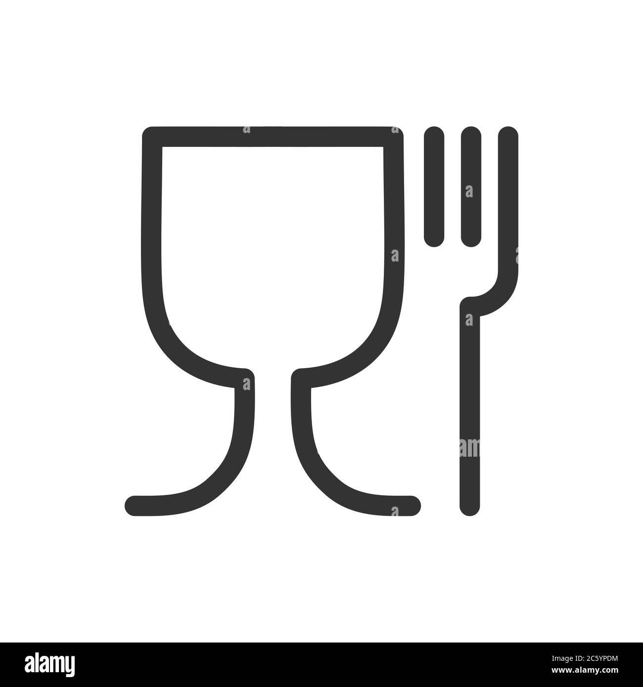 Simbolo di icona vettoriale per alimenti sicuri. Materiale per alimenti, bicchiere da vino e logo con il simbolo della forcella. Immagine vettoriale. Isolato su sfondo bianco. Illustrazione Vettoriale