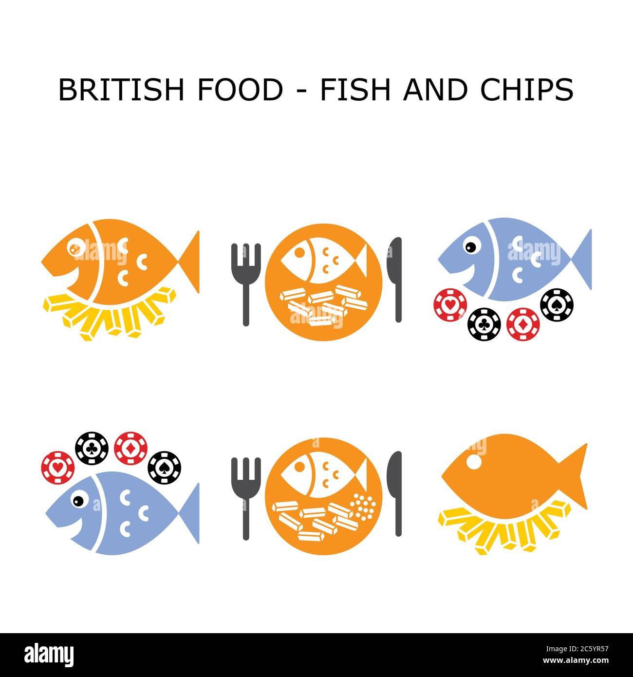 Set di icone vettoriali di colore Fish and Chips - cucina inglese tradizionale design Illustrazione Vettoriale