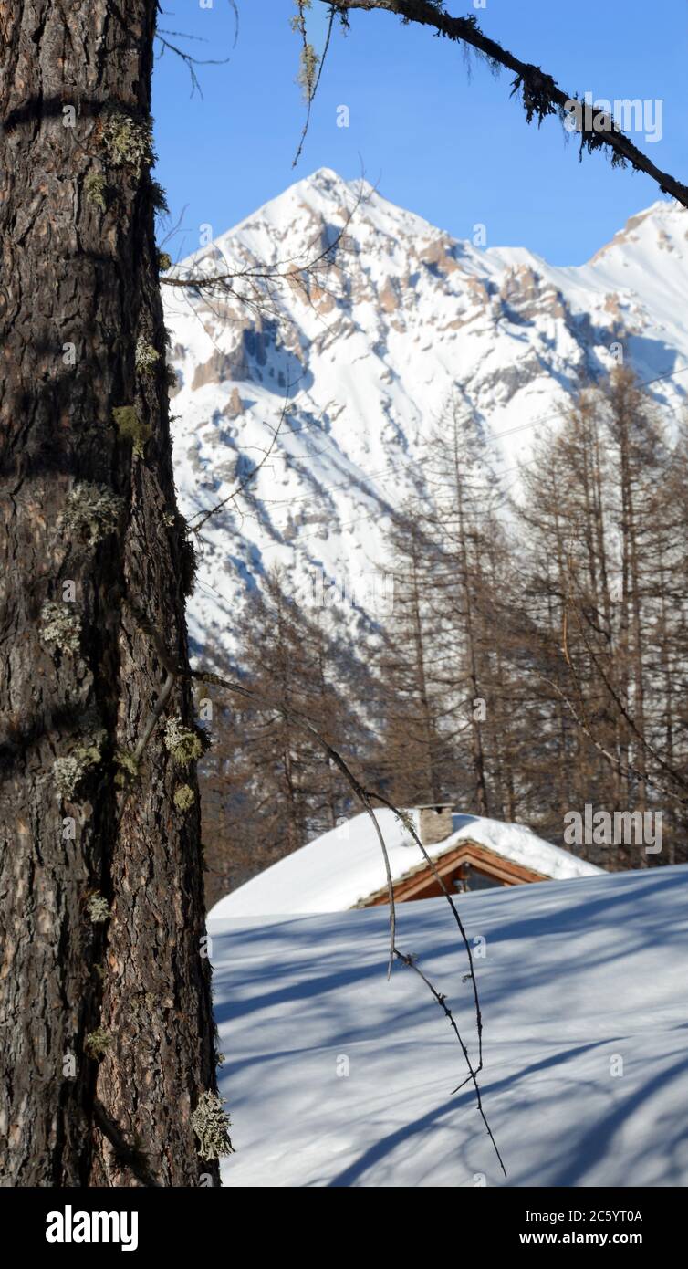 Il Monte Chaberton è alto 3,131 metri ed è una montagna nelle Alpi Cottiane, situata nel dipartimento francese delle Hautes-Alpes, ma si affaccia sulla Susa Foto Stock