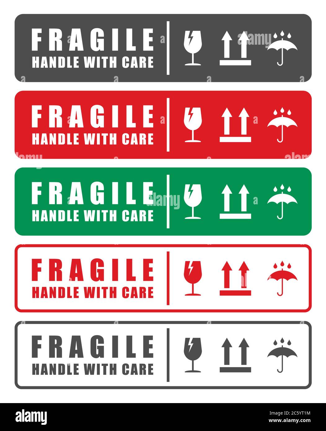 Simbolo dell'icona dell'adesivo fragile. Maneggiare con il logo Care. Tenere asciutto, in questo modo. Immagine vettoriale. Isolato su sfondo bianco. Illustrazione Vettoriale