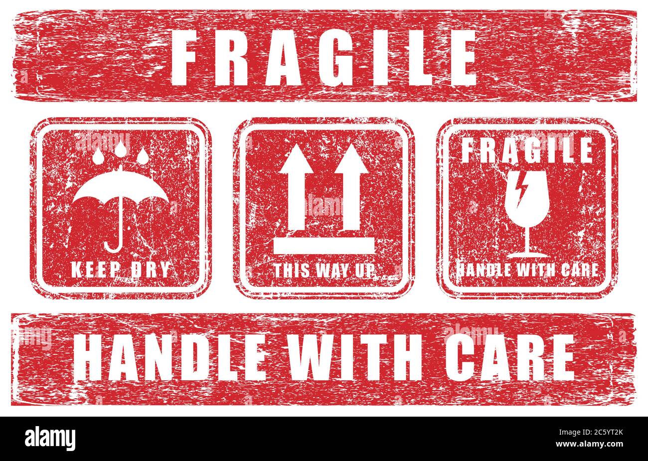 Simbolo dell'icona dell'adesivo fragile. Maneggiare con il logo Care. Tenere asciutto, in questo modo. Immagine vettoriale. Isolato su sfondo bianco. Illustrazione Vettoriale