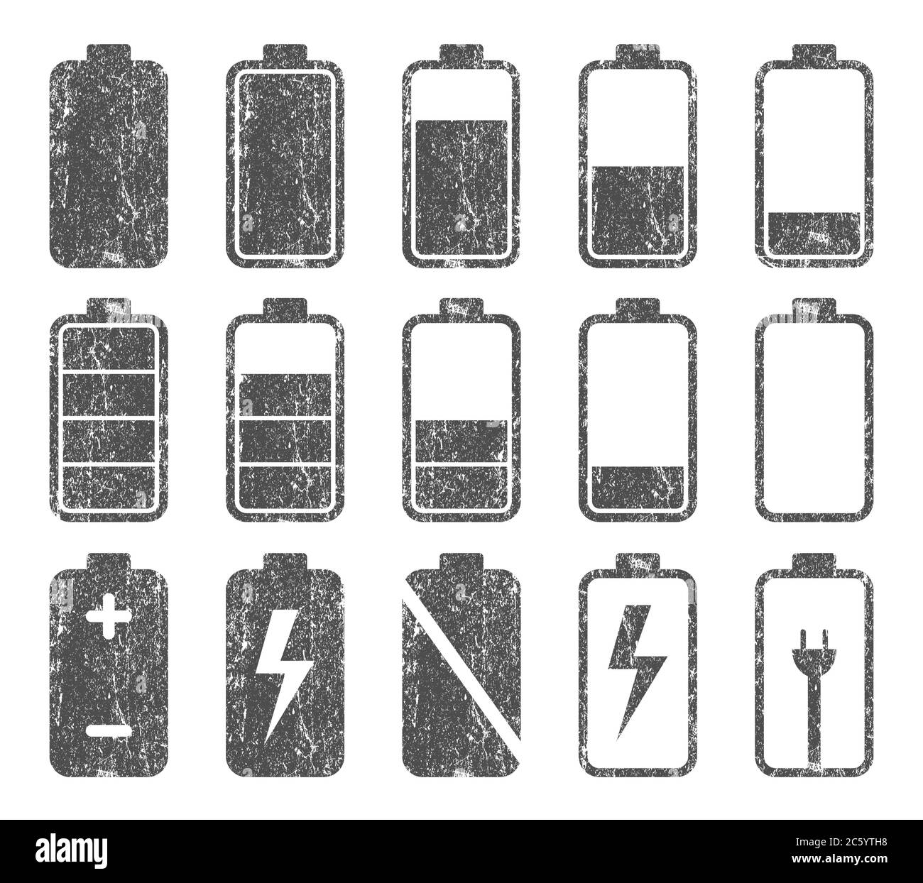 Set di icone della batteria. Logo del livello di carica accu. Immagine vettoriale. Isolato su sfondo bianco. Illustrazione Vettoriale