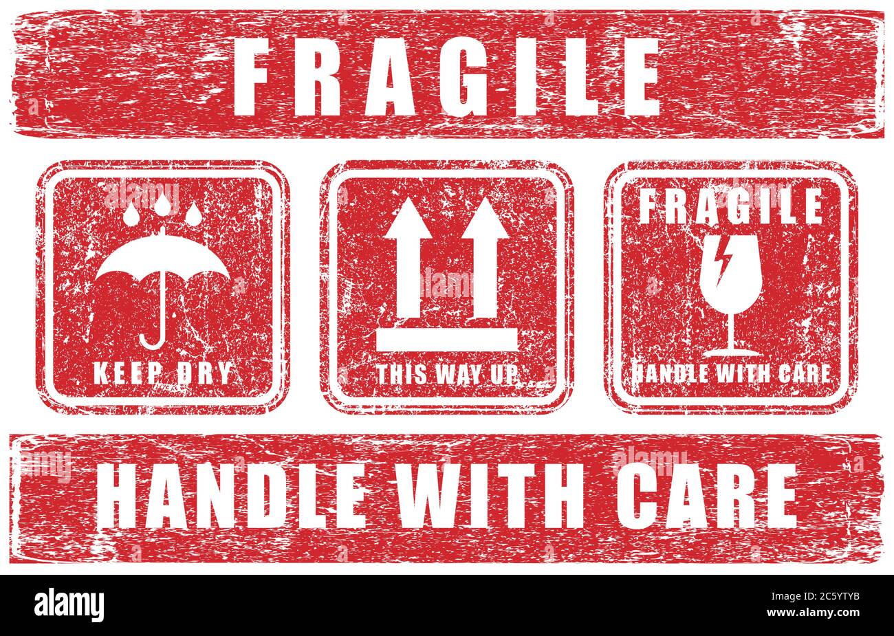 Simbolo dell'icona dell'adesivo fragile. Maneggiare con il logo Care. Tenere asciutto, in questo modo. Immagine vettoriale. Isolato su sfondo bianco. Illustrazione Vettoriale