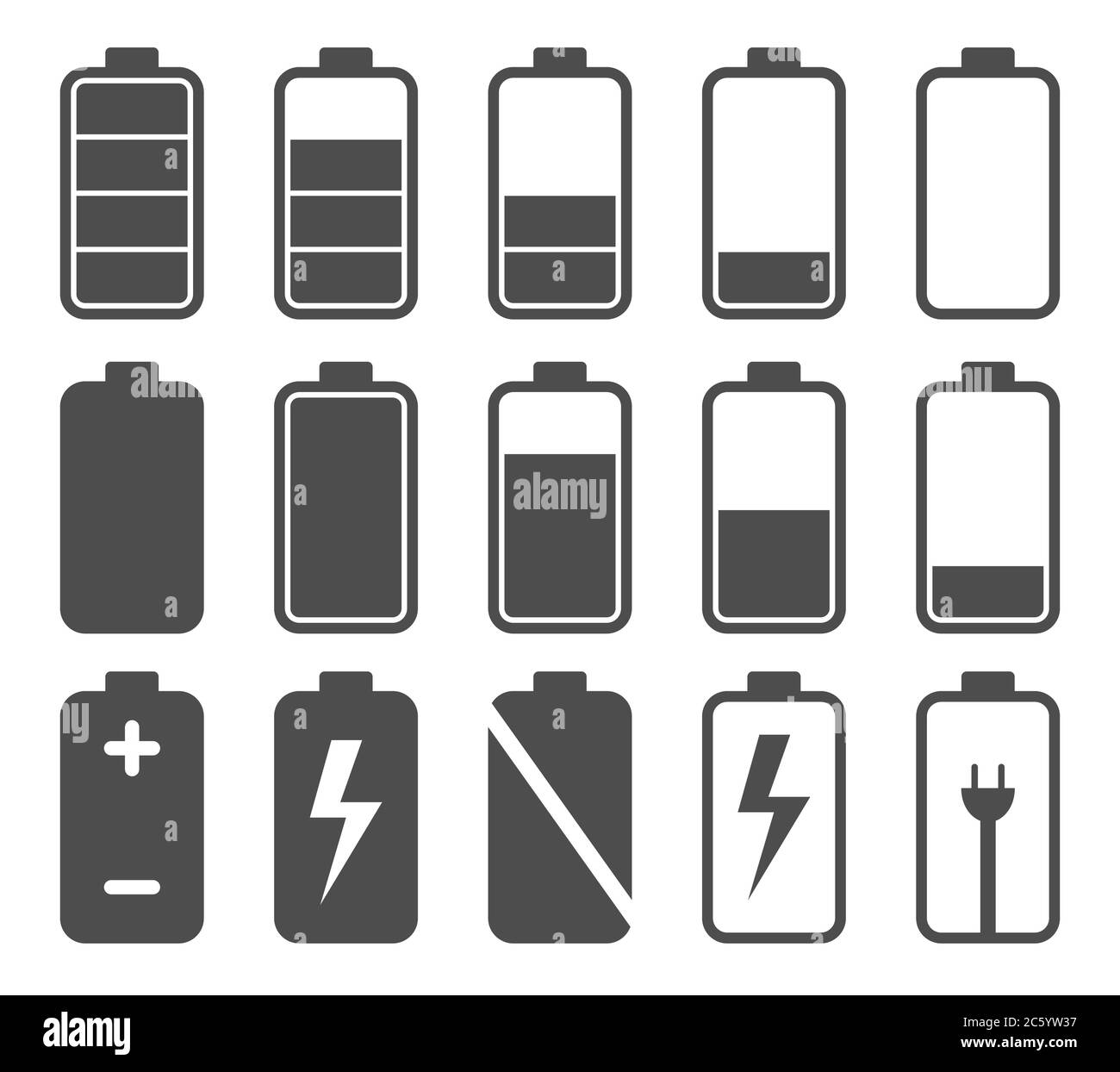 Set di icone della batteria. Logo del livello di carica accu. Immagine vettoriale. Isolato su sfondo bianco. Illustrazione Vettoriale