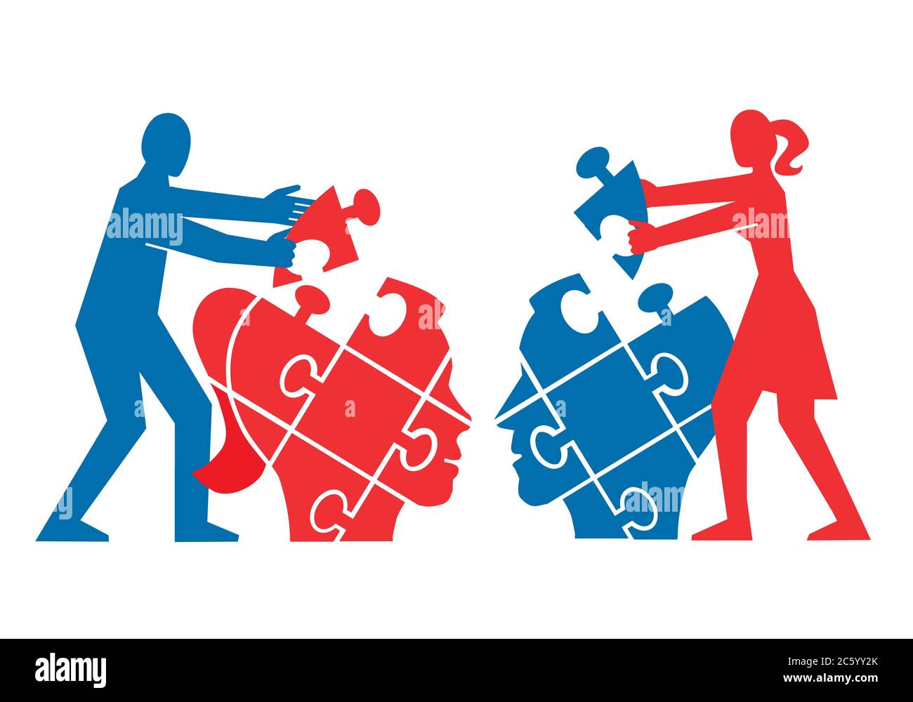 Coppia, comprensione reciproca e dialogo, concetto di puzzle. Illustrazione di coppia che monta un puzzle della testa del partner. Illustrazione Vettoriale