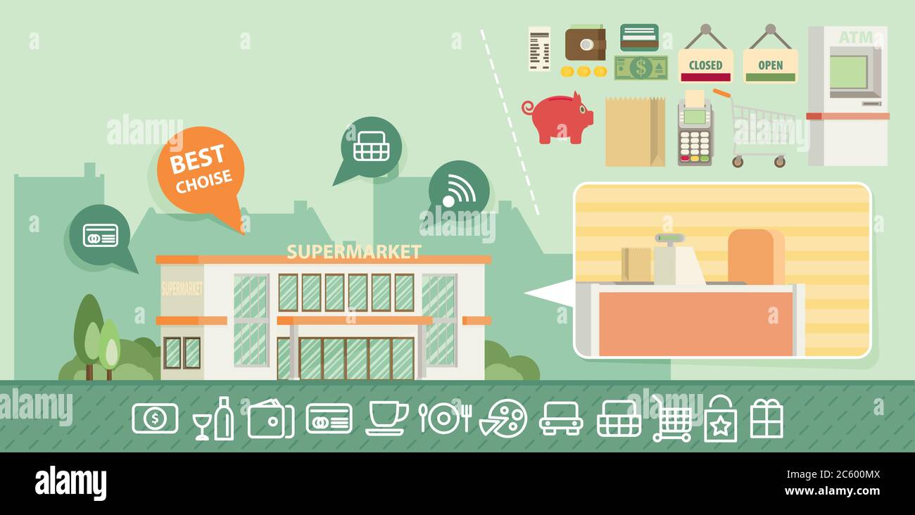 Supermercato sito in linea con il concetto di assortimento di cibo, orari di apertura e le opzioni di pagamento icone illustrazione vettore Illustrazione Vettoriale