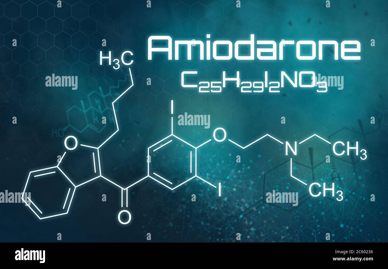 Formula chimica di Amiodarone su sfondo futuristico Foto Stock