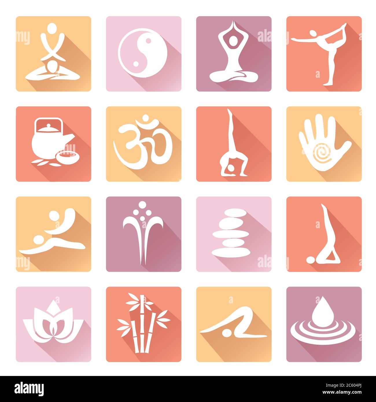 Spa yoga Massaggio icone con lunga ombra. Set di icone colorate web con stile di vita sano symbols.Isolated su sfondo bianco. Vettore disponibile. Illustrazione Vettoriale
