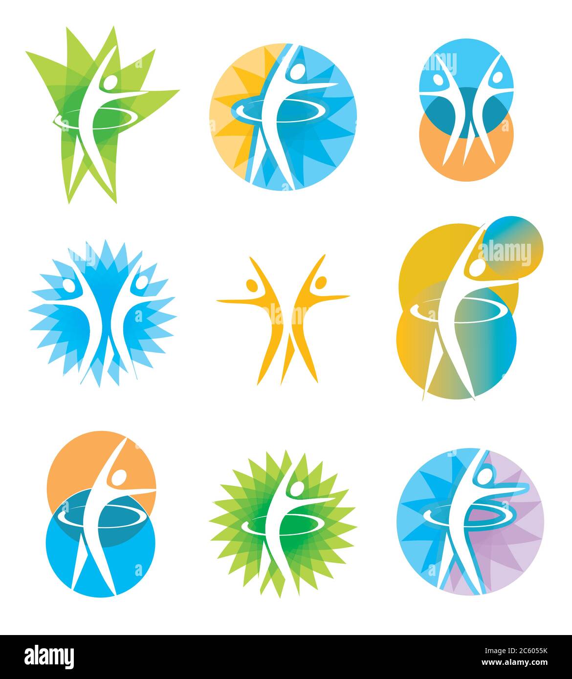 Icone aerobica, esercizio, fitness. Insieme di simboli colorati di sport e stile di vita sano. Illustrazione Vettoriale