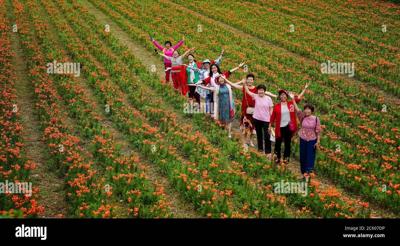 Taibai. 5 luglio 2020. Foto scattata il 5 luglio 2020 mostra le persone che visitano i campi di giglio nel villaggio di Baiyun, nella contea di Taibai, nella provincia di Shaanxi, nella Cina nord-occidentale. Baiyun Village, situato nel profondo delle montagne Qinling, era da tempo un'area sottosviluppata con persone che vivono in povertà. Negli ultimi anni, promuovendo il turismo rurale e i prodotti agricoli, il villaggio ha tolto dalla povertà tutta la sua popolazione. Credit: Liu Xiao/Xinhua/Alamy Live News Foto Stock